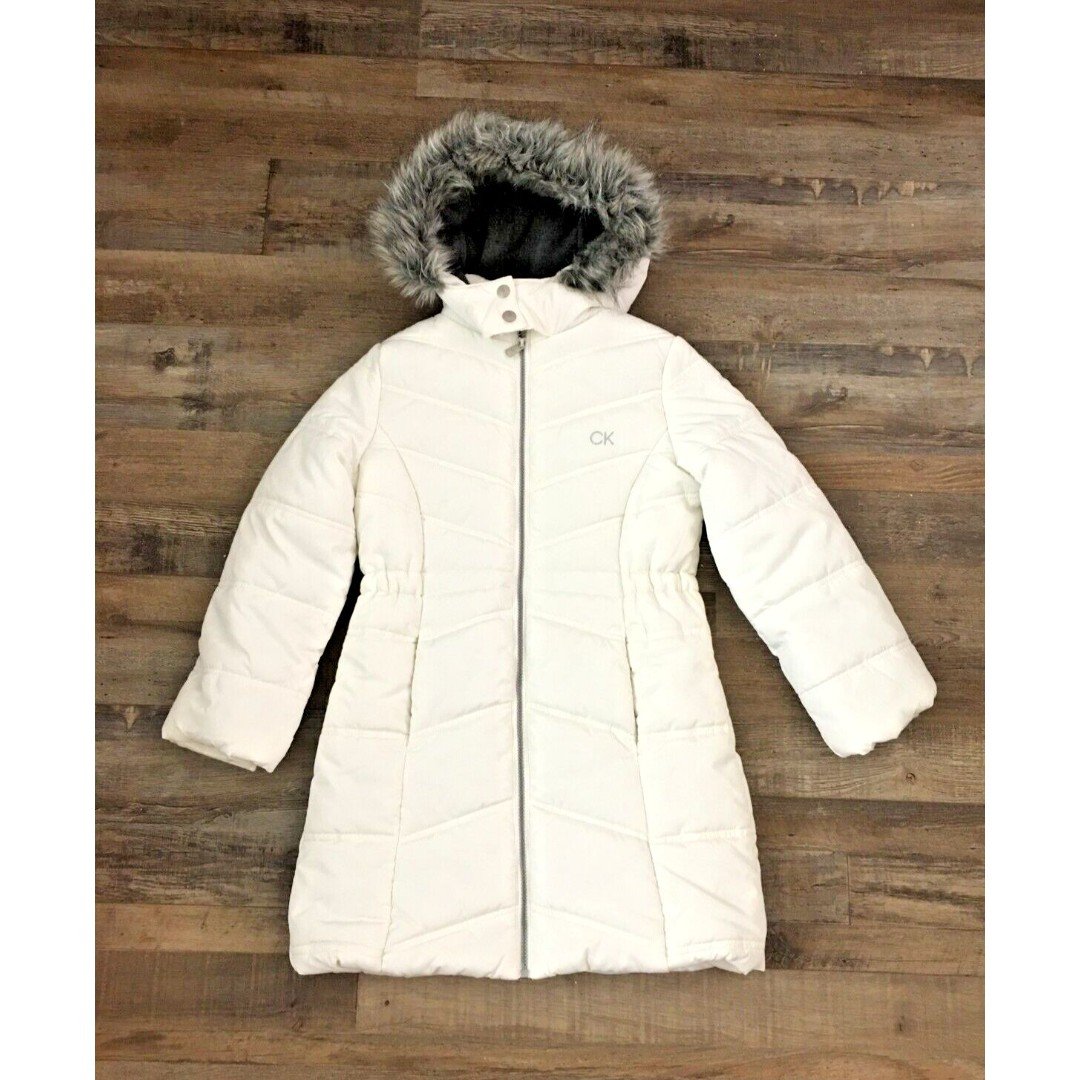 Calvin Klein White Long Puffer Jacket Faux Fur Trimmed Hood Women's 8/10