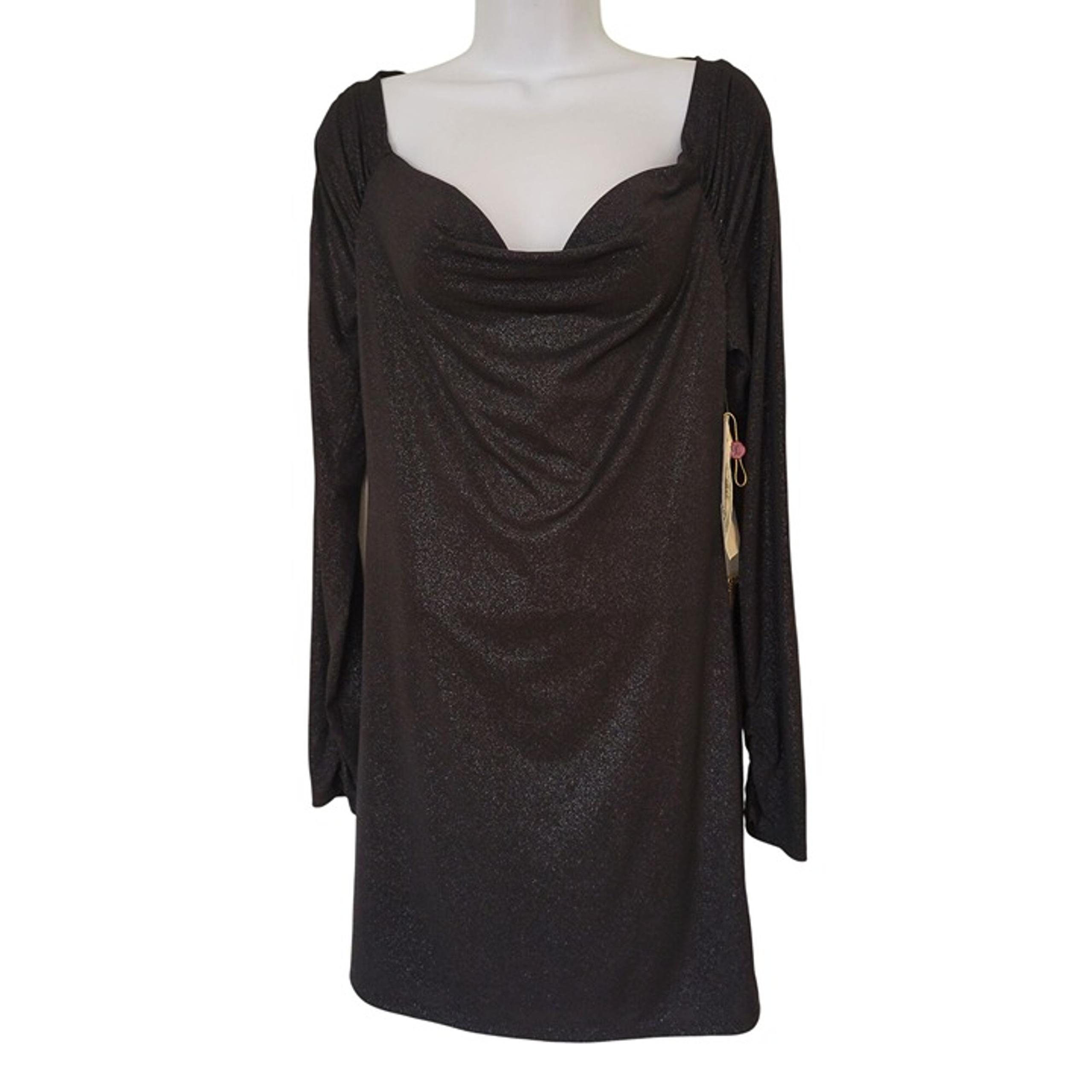 Guess M Black Metallic Silver Long Sleeve Shimmer Dress Sweetheart Draped Neckli