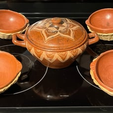 Vintage Indonesian Lombak Sun Terra Cotta Clay Serving Set/wicker wrapped bowls