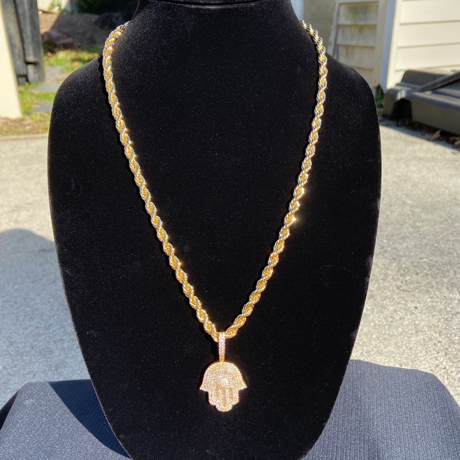 Gold Chain Rope Chain 24in 6mm and Icy Hamsa Hand Pendant Set