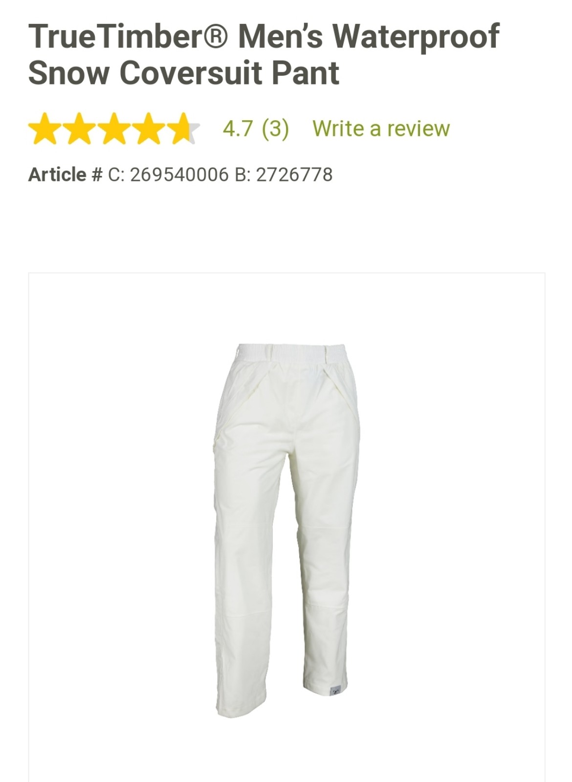 TrueTimber® Men’s Waterproof Snow Coversuit Pant, 2XL