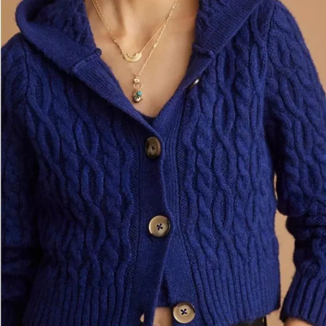 NWT Hooded Cable-Knit Sweater Cardigan, Royal Blue, Size M