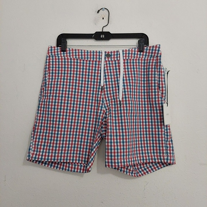 Onia The Calder Men's Seersucker Plaid Swim Shorts Trunks Red White Blue Large