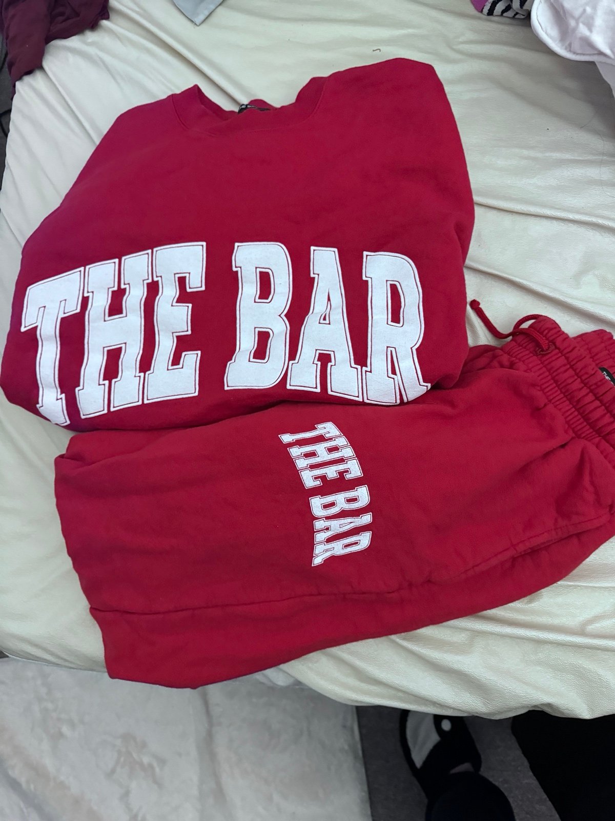 The Bar red sweatpants and crewneck