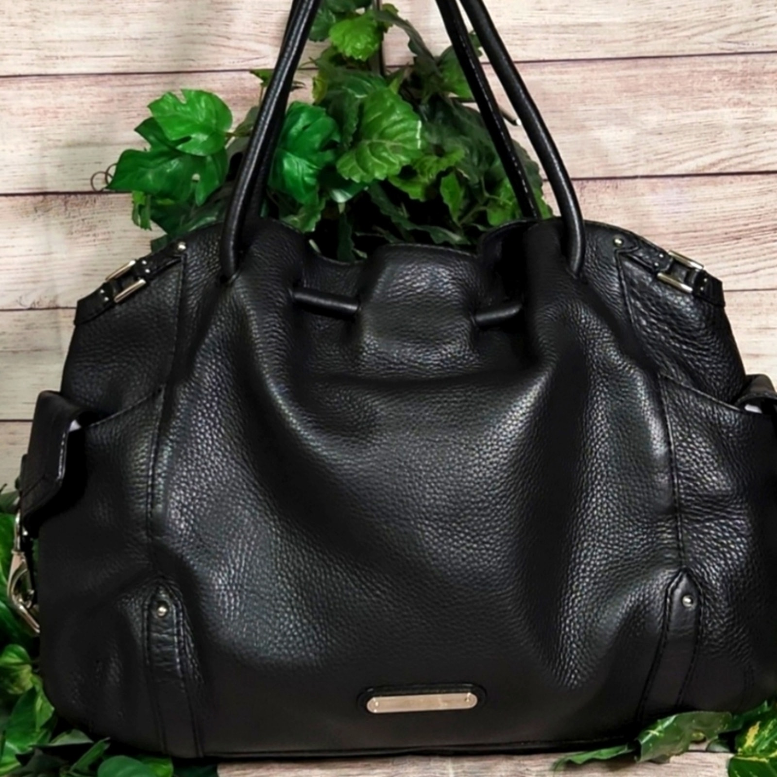 EUC LARGE Cole Haan Black Pebbled Leather Shoulder Bag with Side Pockets