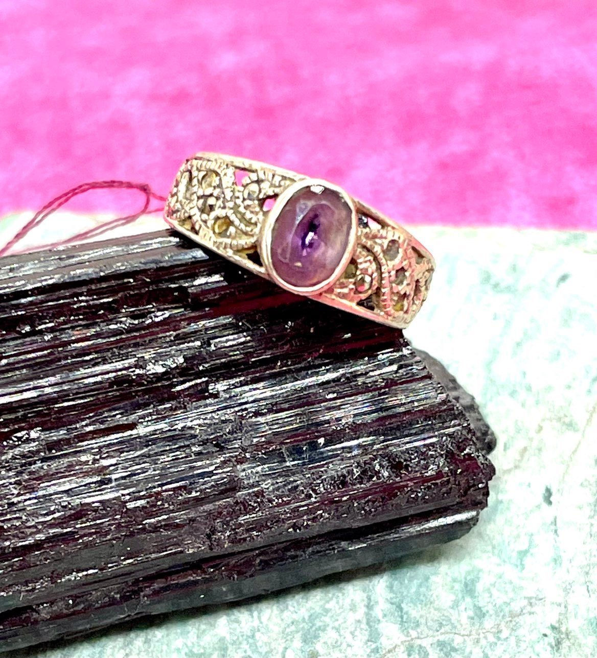 Vintage Tooled Marcasite Sterling Amethyst Ring. Sz. 6. R275