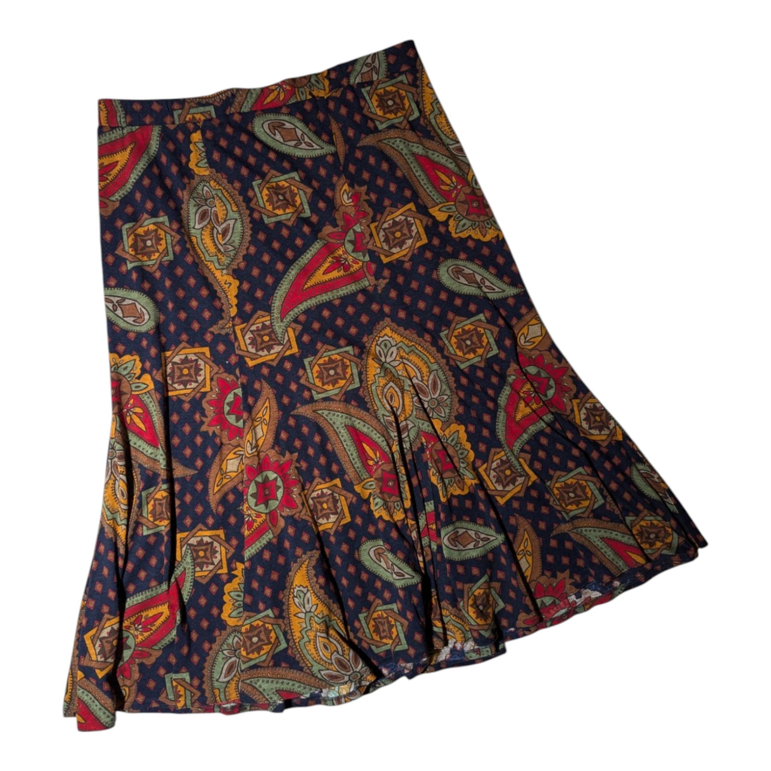 Vtg 1970s Black Jersey Knit Paisley Print Elastic Waist Broomstick Midi Skirt 14