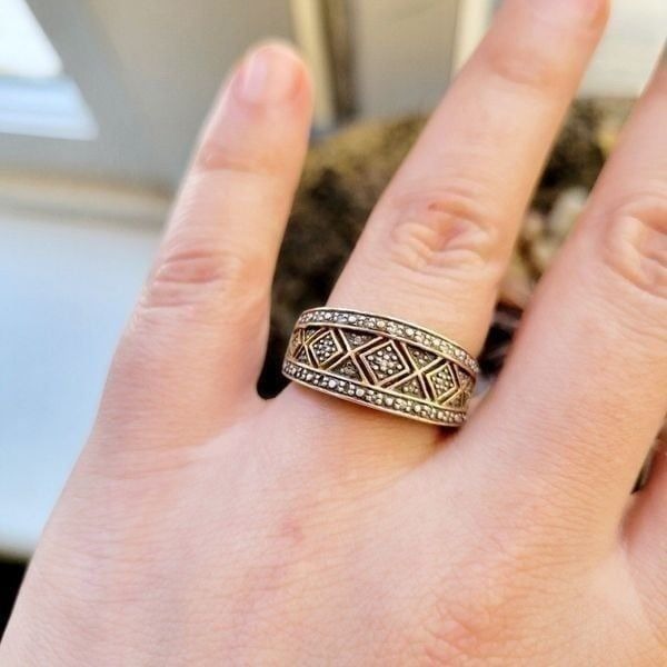 Vintage 925 Sterling Silver & Vermeil Studded Native Tribal Mom Ring, size 6