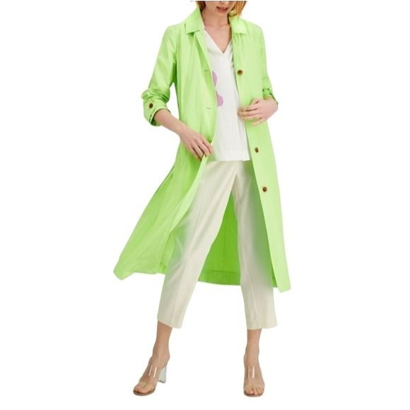 Alfani Pleated Trench Coat Neon Green Maxi Jacket