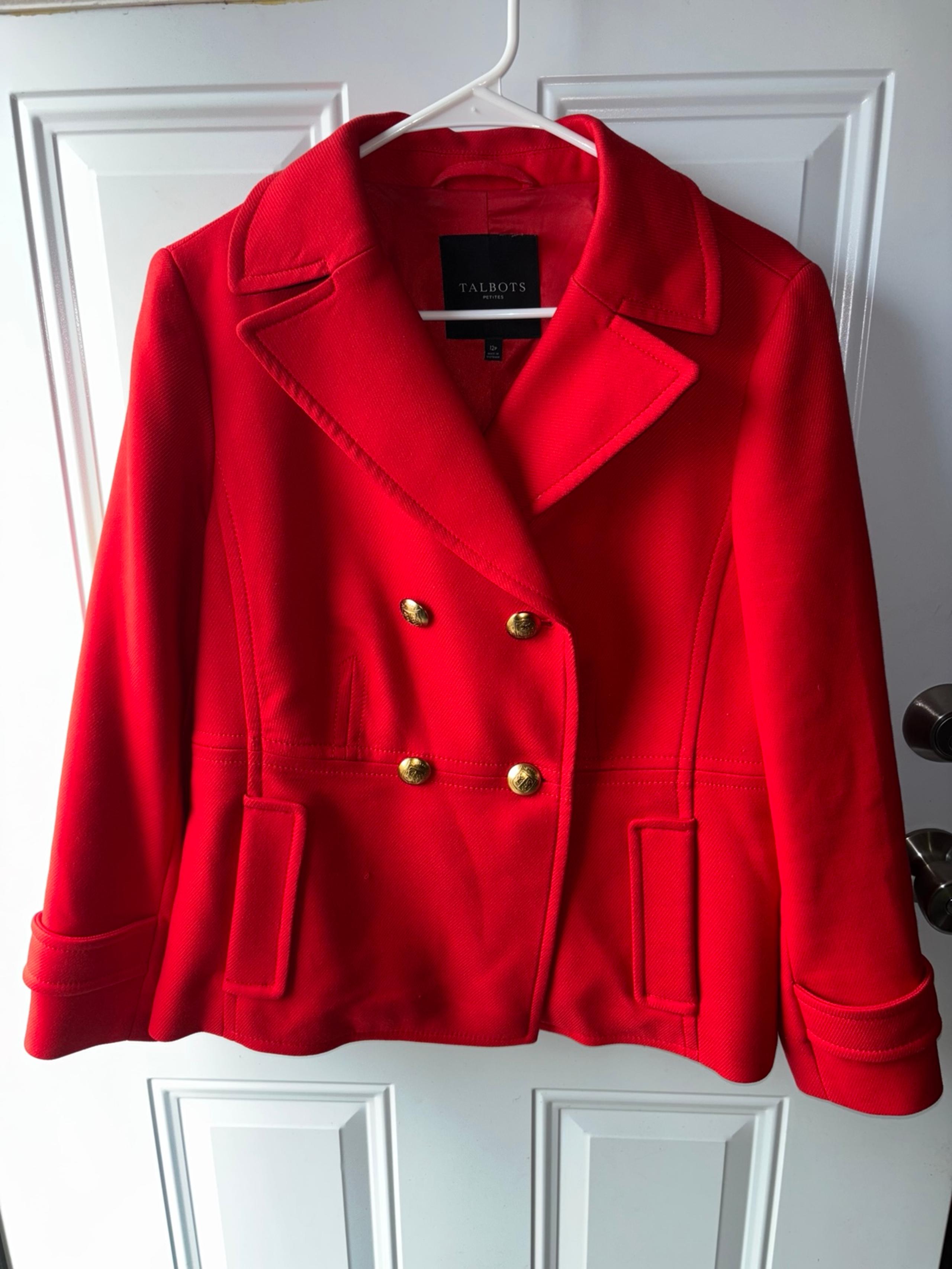 Red Wool Pea Coat Size 12 p Gold Buttons Double Breasted Vintage Jacket - Talbots