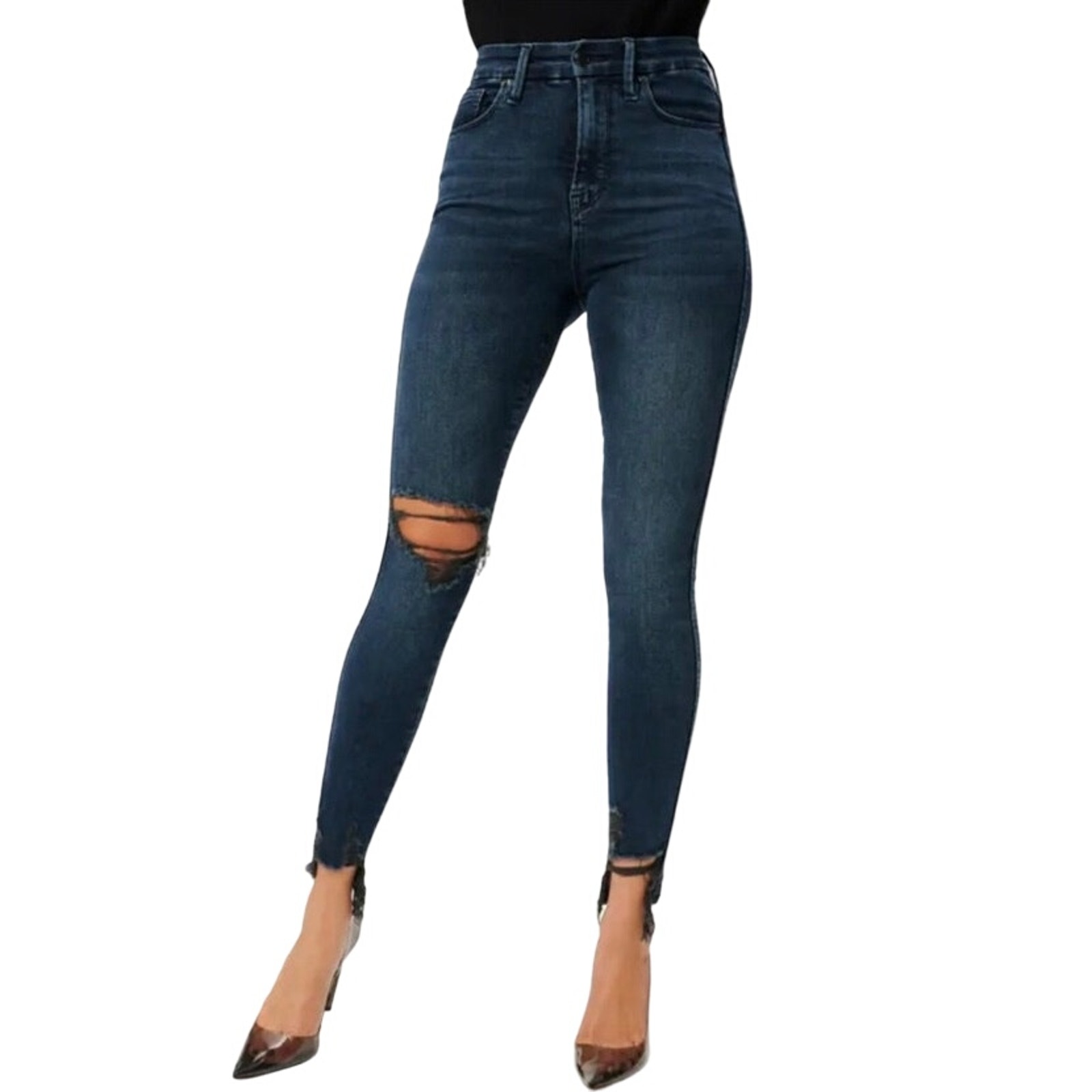 GOOD AMERICAN GOOD CURVE CURTAIN HEM SKINNY JEANS BLUE859 NWT Size 0