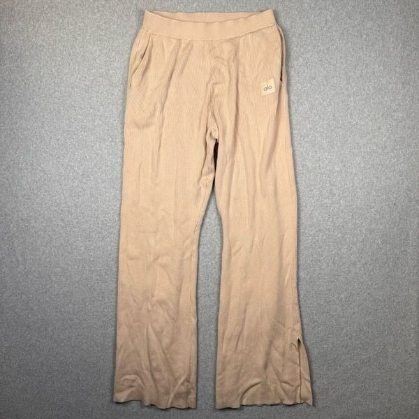 Alo Yoga Women Medium Salana Wide Leg Knit Pants Macadamia High Waist Side Slits