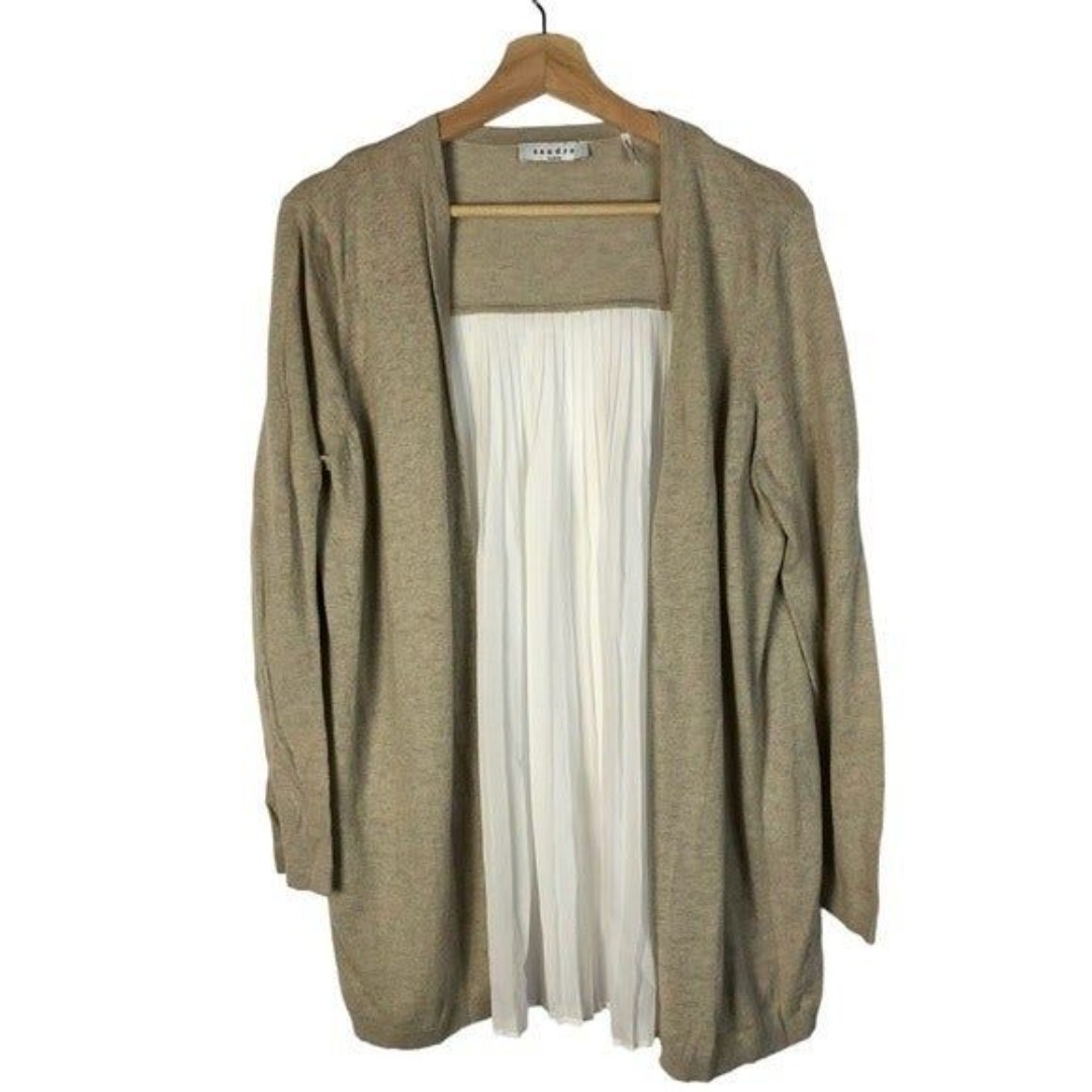 Sandro Paris Beige Knit White Pleated Back Cardigan Sweater 2/M