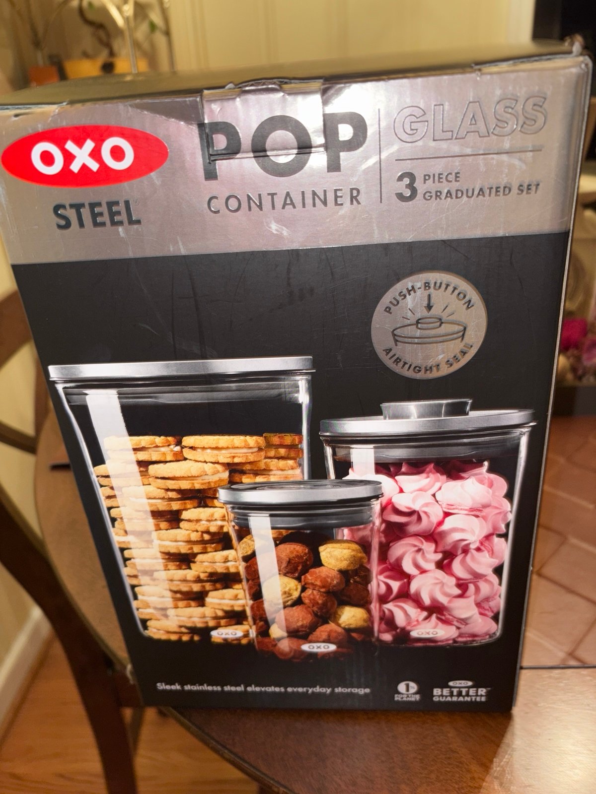 OXO Steel 3-Piece Graduated Glass POP Canister Kitchen Storage Air Tight Jar Set