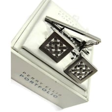 Perry Ellis Portfolio Cufflinks Set w Neck Tie Clip Silver Tone Wedding IOB