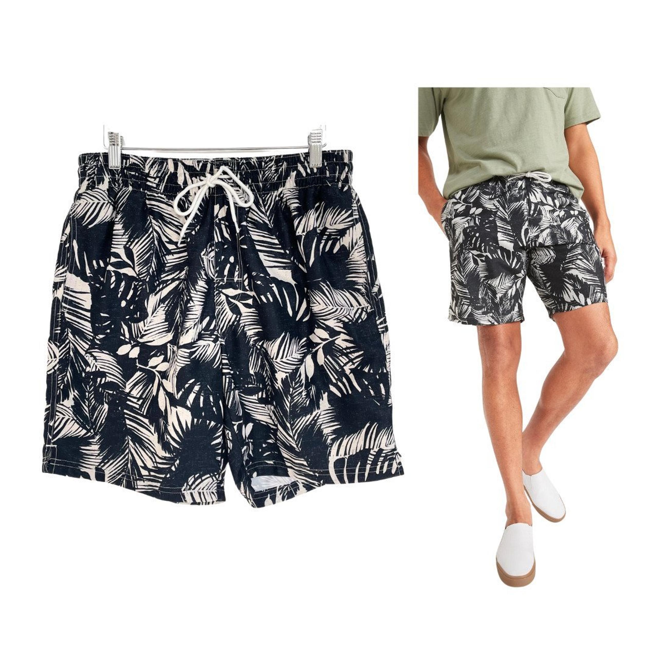 Old Navy Swim Trunks Men Small White Black Palm Print 8” Inseam Shorts Netting