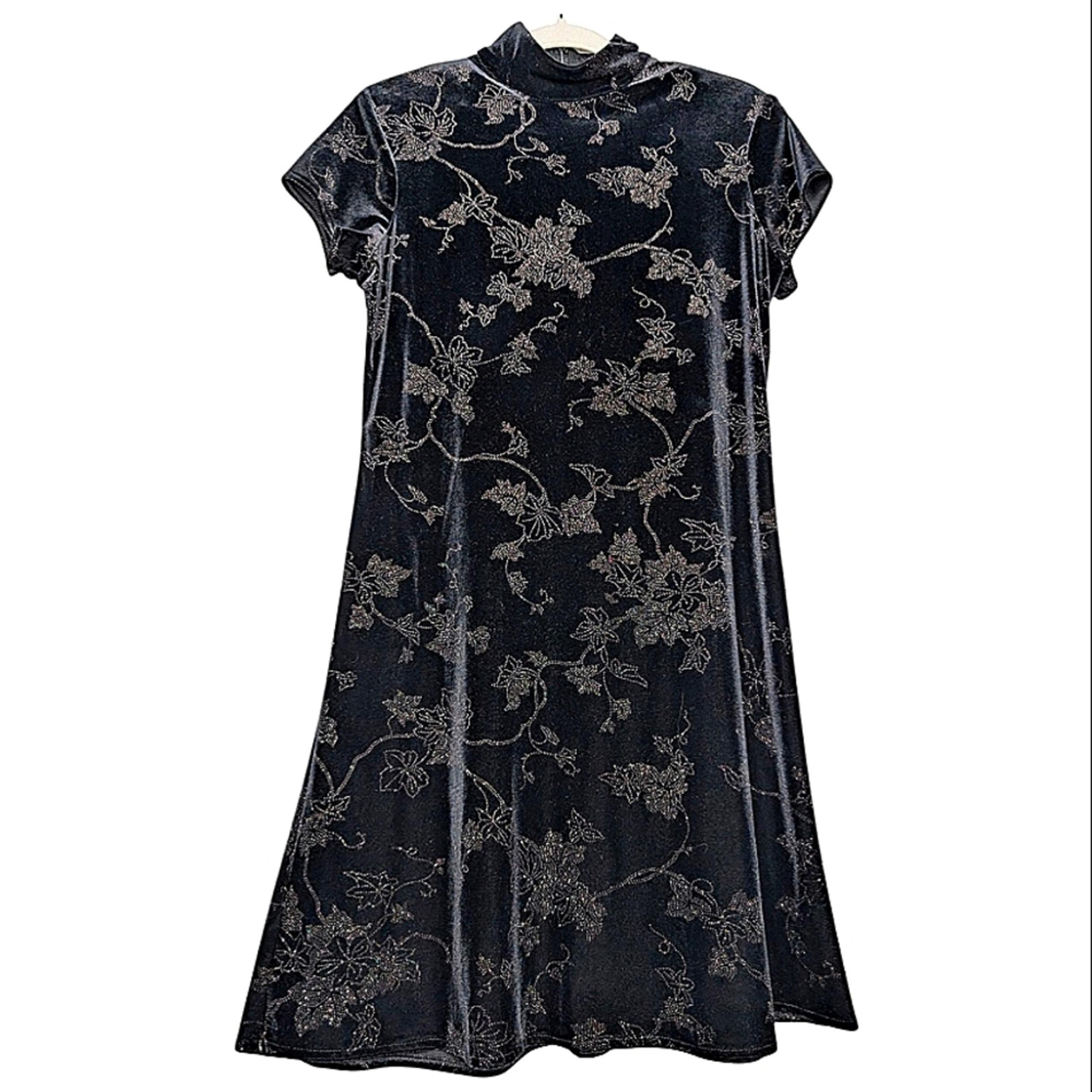Vintage 90s Y2K Black Velvet Mock Neck Silver Glitter Floral Print Mini Dress 12