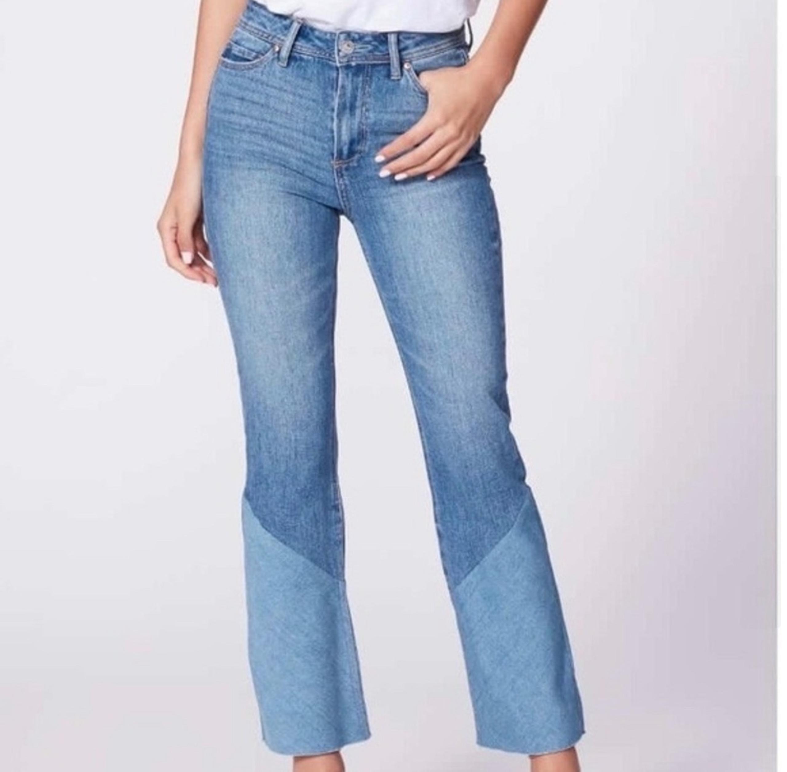 Paige Colette Crop Flare Jeans in EmmyLou Two Tone Raw Hem Petite Denim Size 24