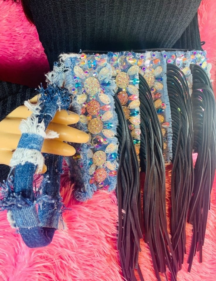New Handmade Denim Bling Fringe Clutch P