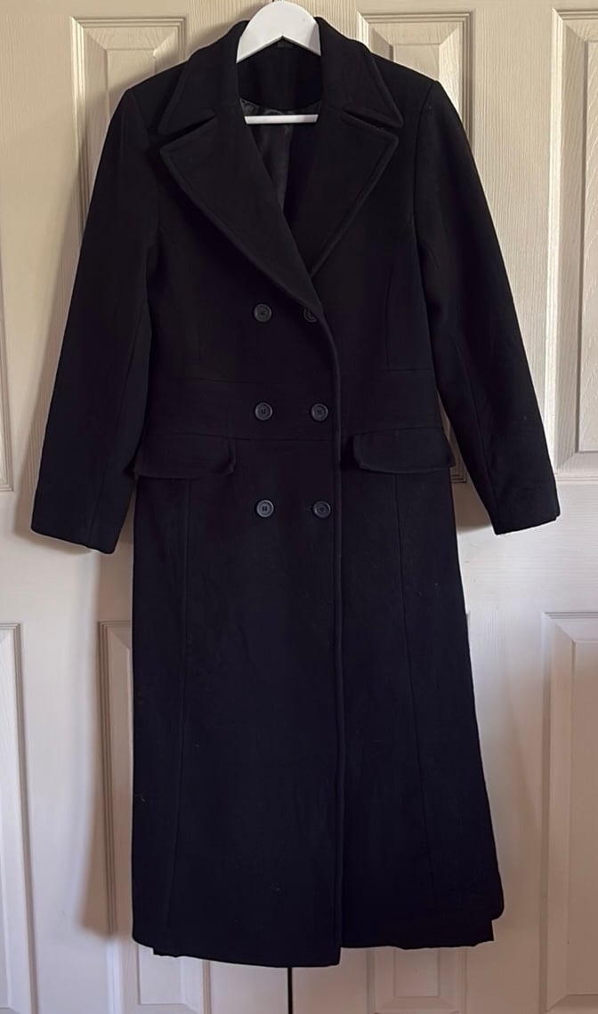 Ellabee Black Wool Blend mid long Trench Coat size 6 (384T)