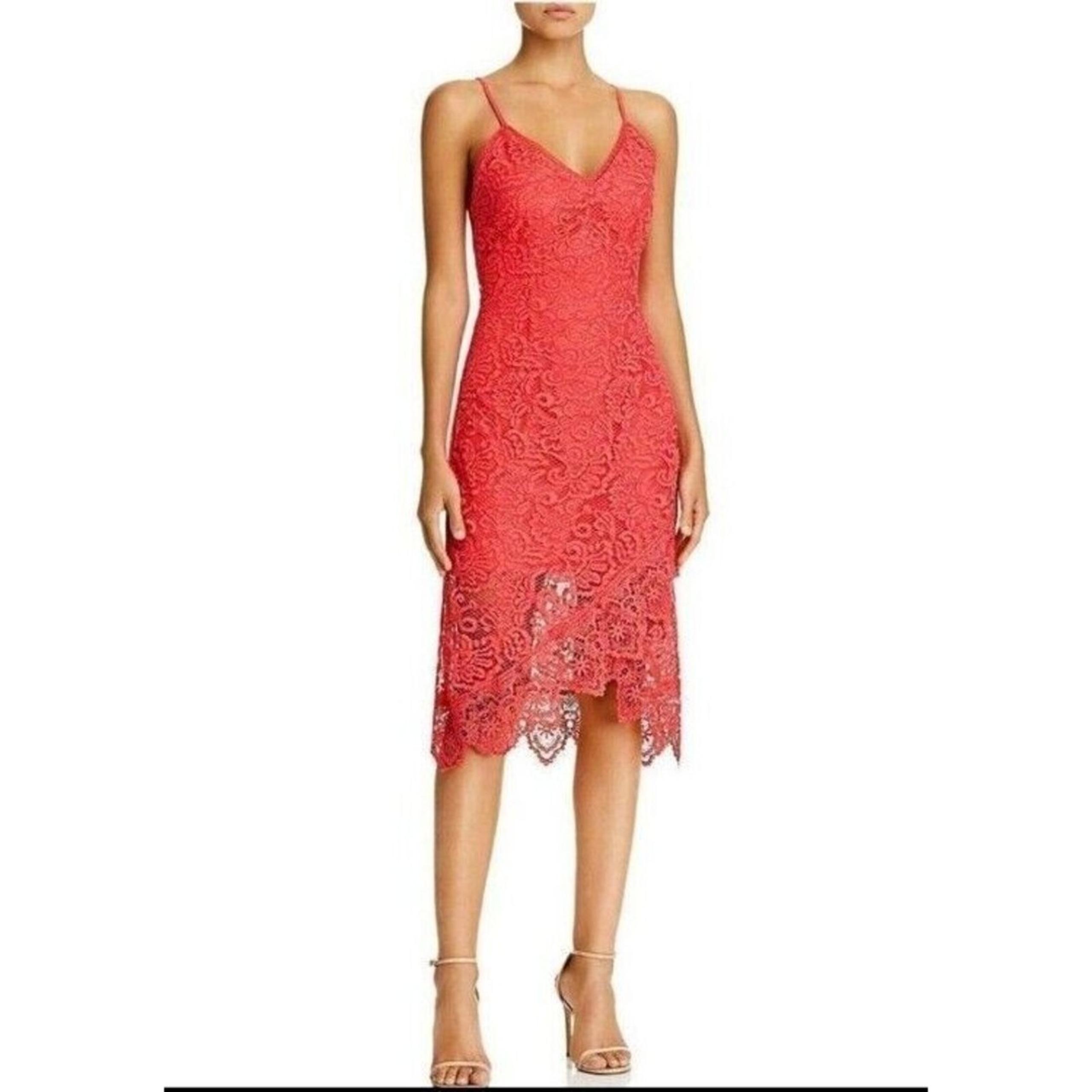 New BB Dakota Womens Sz 0 Rylee Coral Red Lace Bodycon Midi Dress Wedding Summer