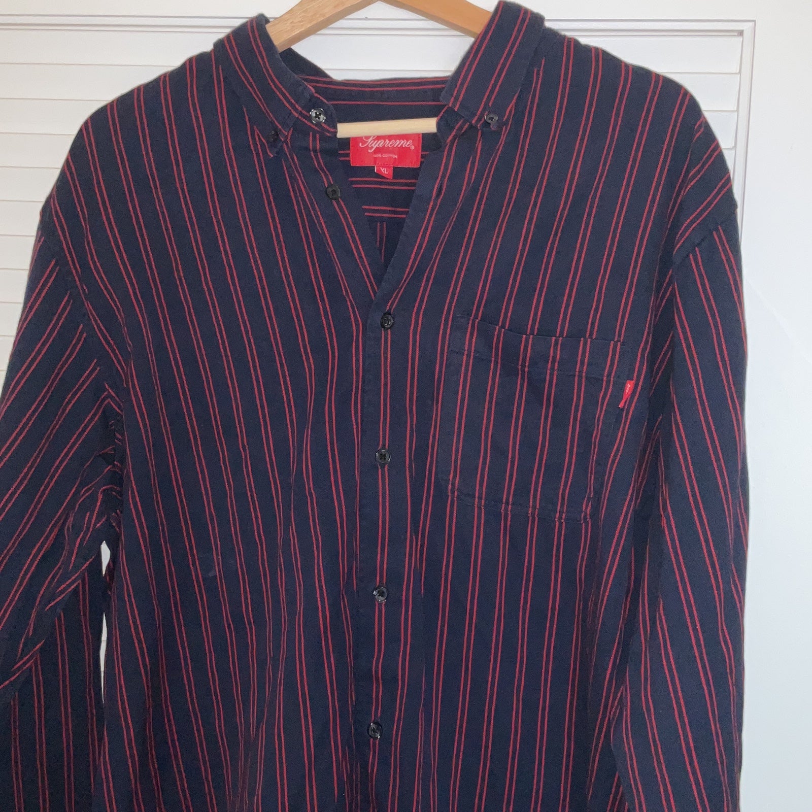 Supreme Button-Down Striped Shirt (DarkBlue, Red Stripes).