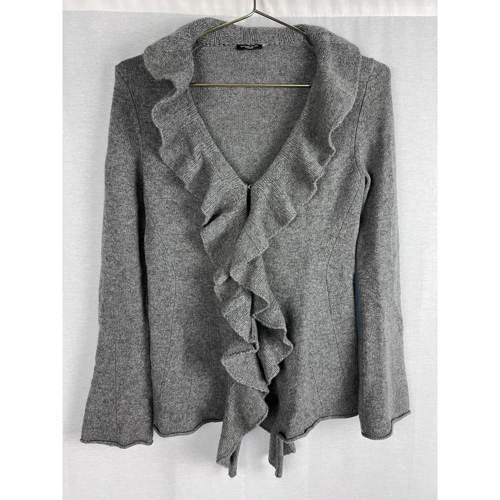 Magaschoni Sweater Womens Cashmere Ruffle Cardigan Gray Y2K Fairy Grunge Cozy