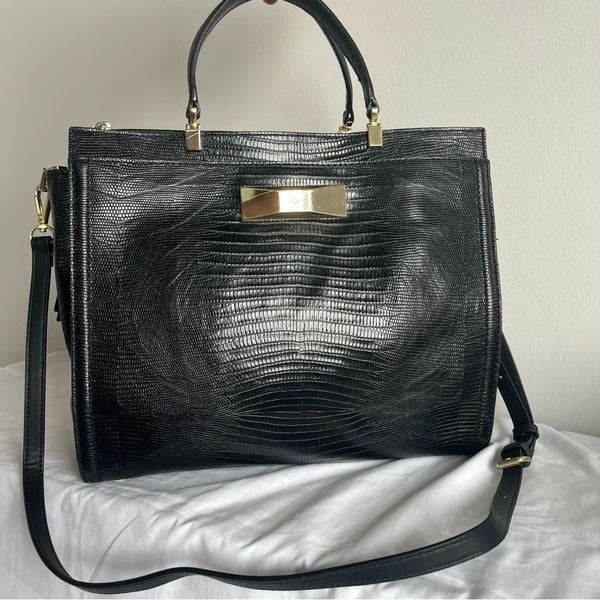KATE SPADE Croc Black Leather Bow Satchel Tote Handbag Knott Dumpling Madison