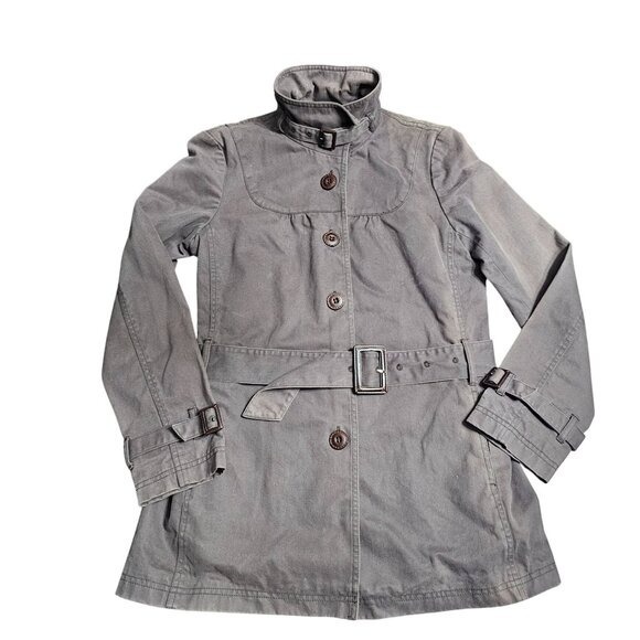 Comptoir Des Cotonniers Women's Gray Distress Jacket Coat Rain Belted sz 6 or 40