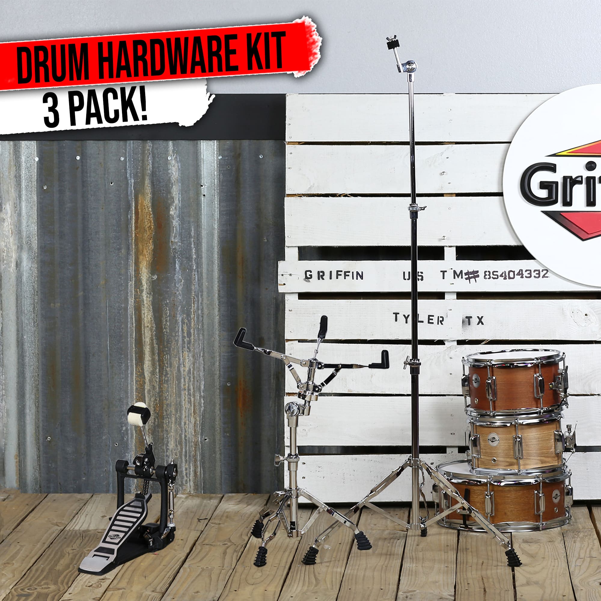 Bass Drum Foot Pedal, Snare Stand & Cymbal Stand (3-PACK) GRIFFIN Chrome Holder