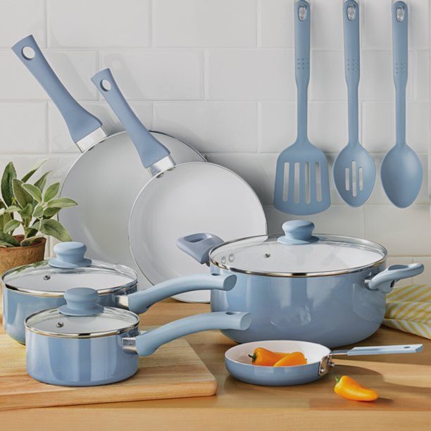 Mainstays 12pc Ceramic Cookware Set, Blue Linen