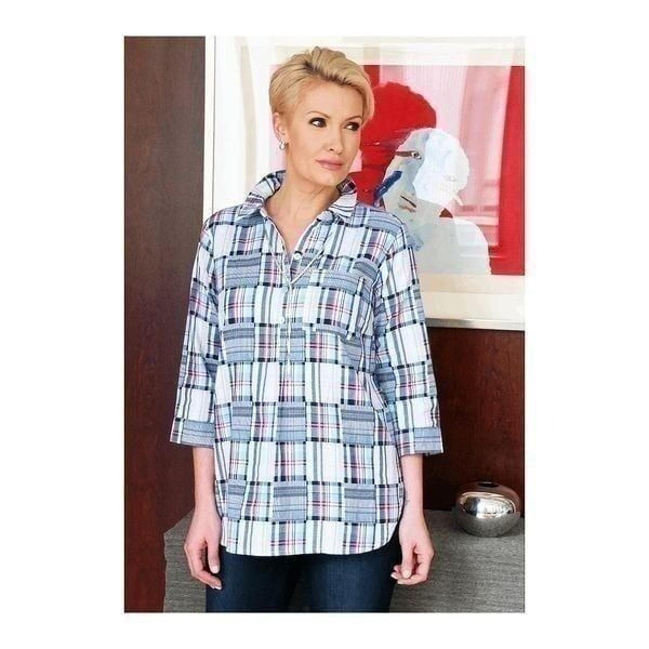 Joan Rivers Womens 3X Patchwork Tunic Top Red Blue Plaid 3/4 Sleeves NWT
