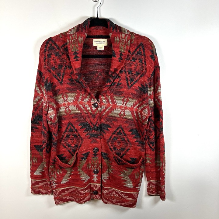 VTG Denim & Supply Ralph Lauren Cardigan Womens L Red Southwestern Navajo Ranch