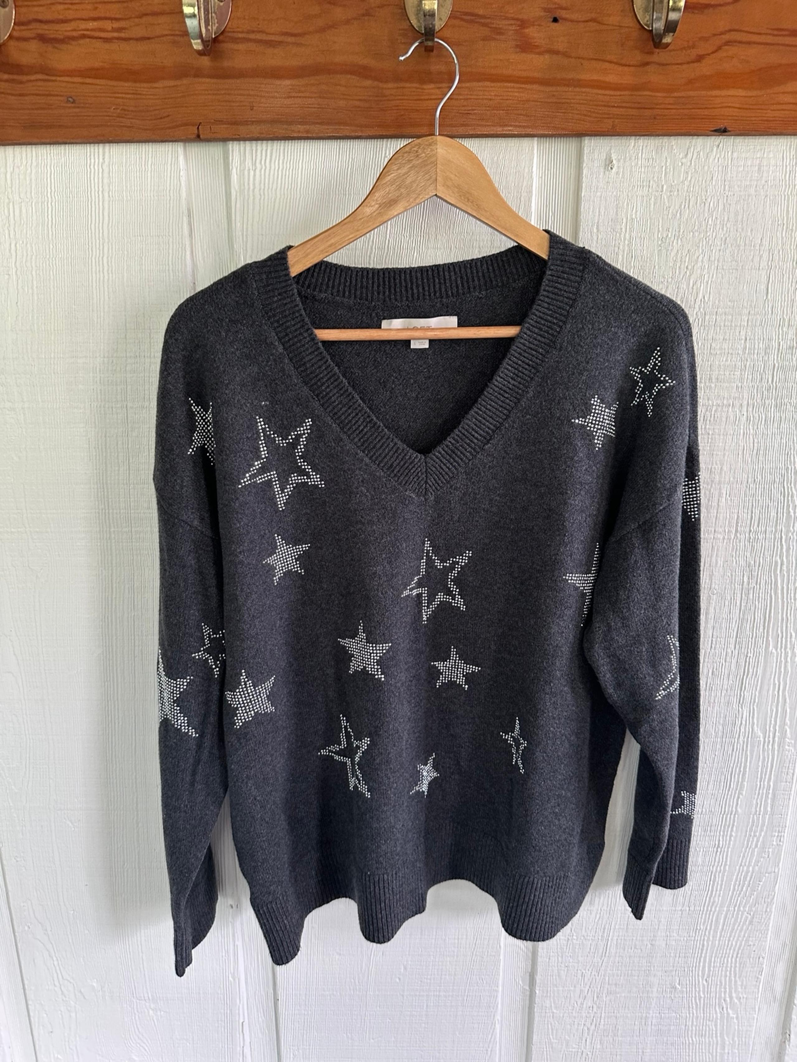 Loft Charcoal Gray Star Print V-neck Sweater