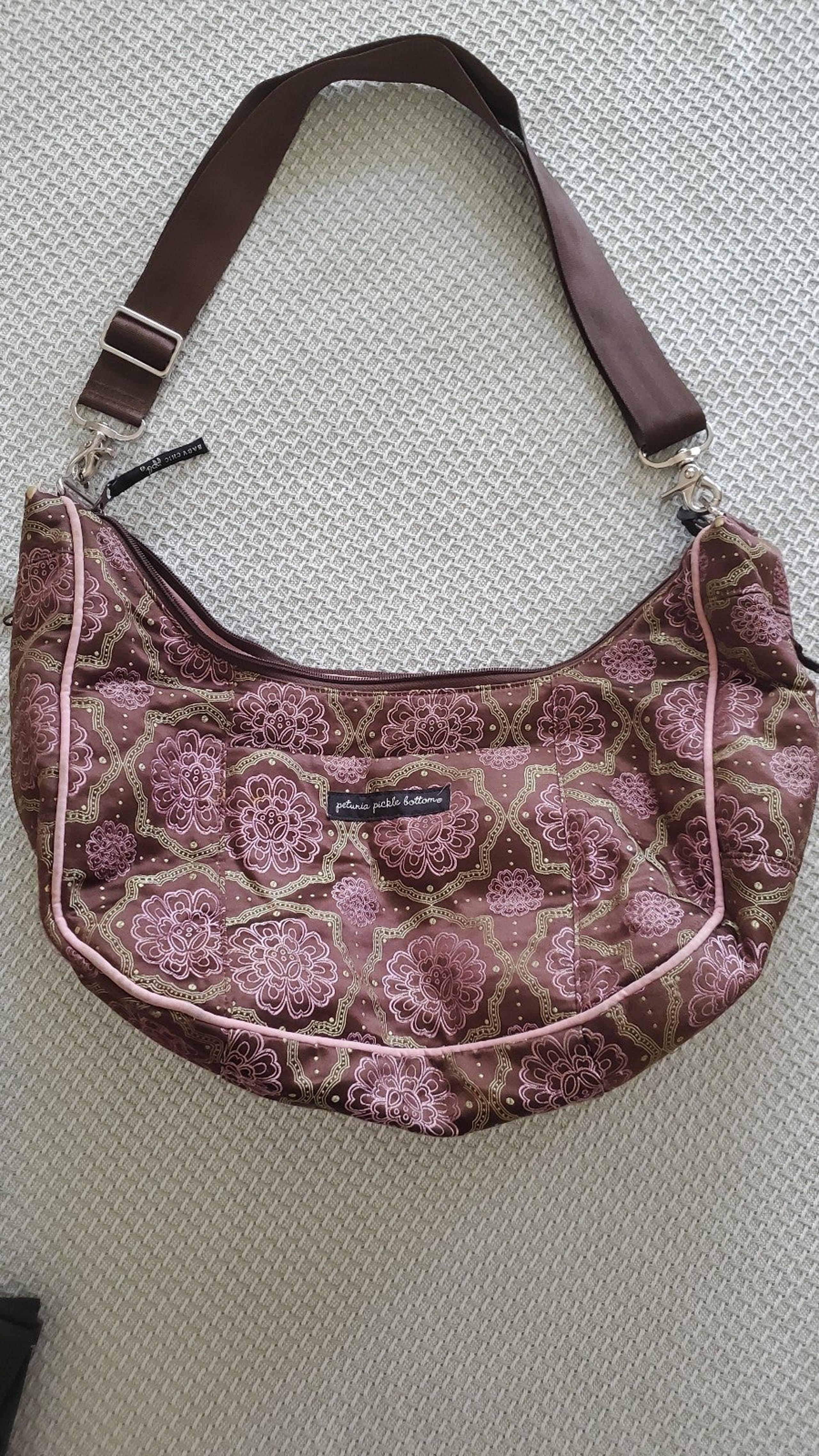 Petunia Pickle Bottom Baby Chic Diaper Bag in brown green pink flower design