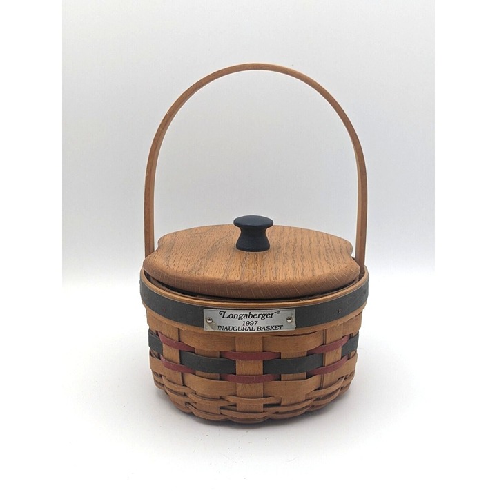 Longaberger Inaugural Basket 1997 Lid Fabric and Plastic Liner Handle 5.5 Round