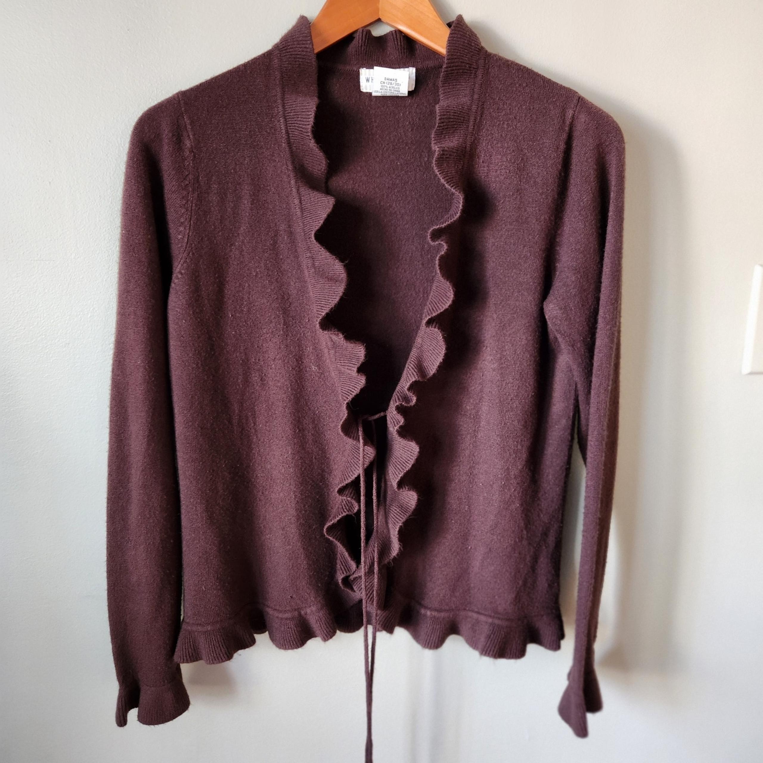 White Stag Chocolate Brown Ruffle Tie Cardigan Sweater Size Small