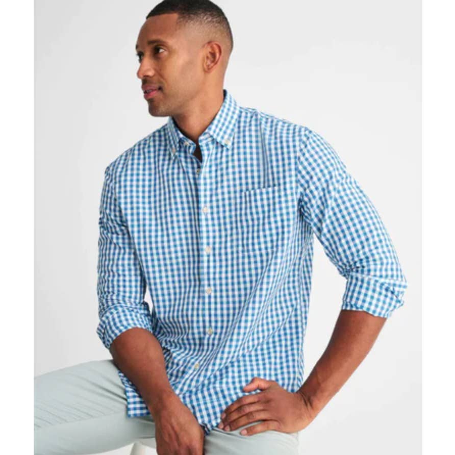 Johnnie-O Abner Hangin' Out Button Up Shirt In Oceanside Blue Gingham M
