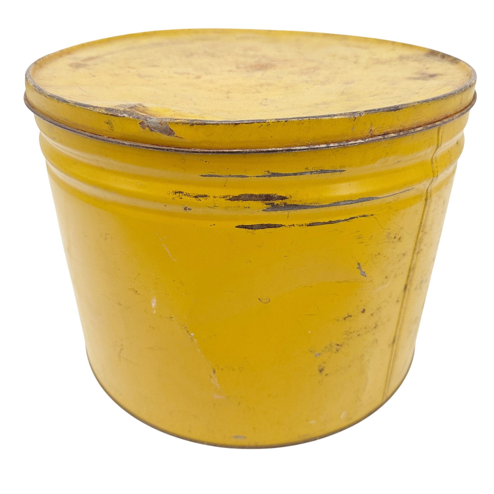 vintage yellow large metal storage can & removable lid 9.25 height 12 diameter