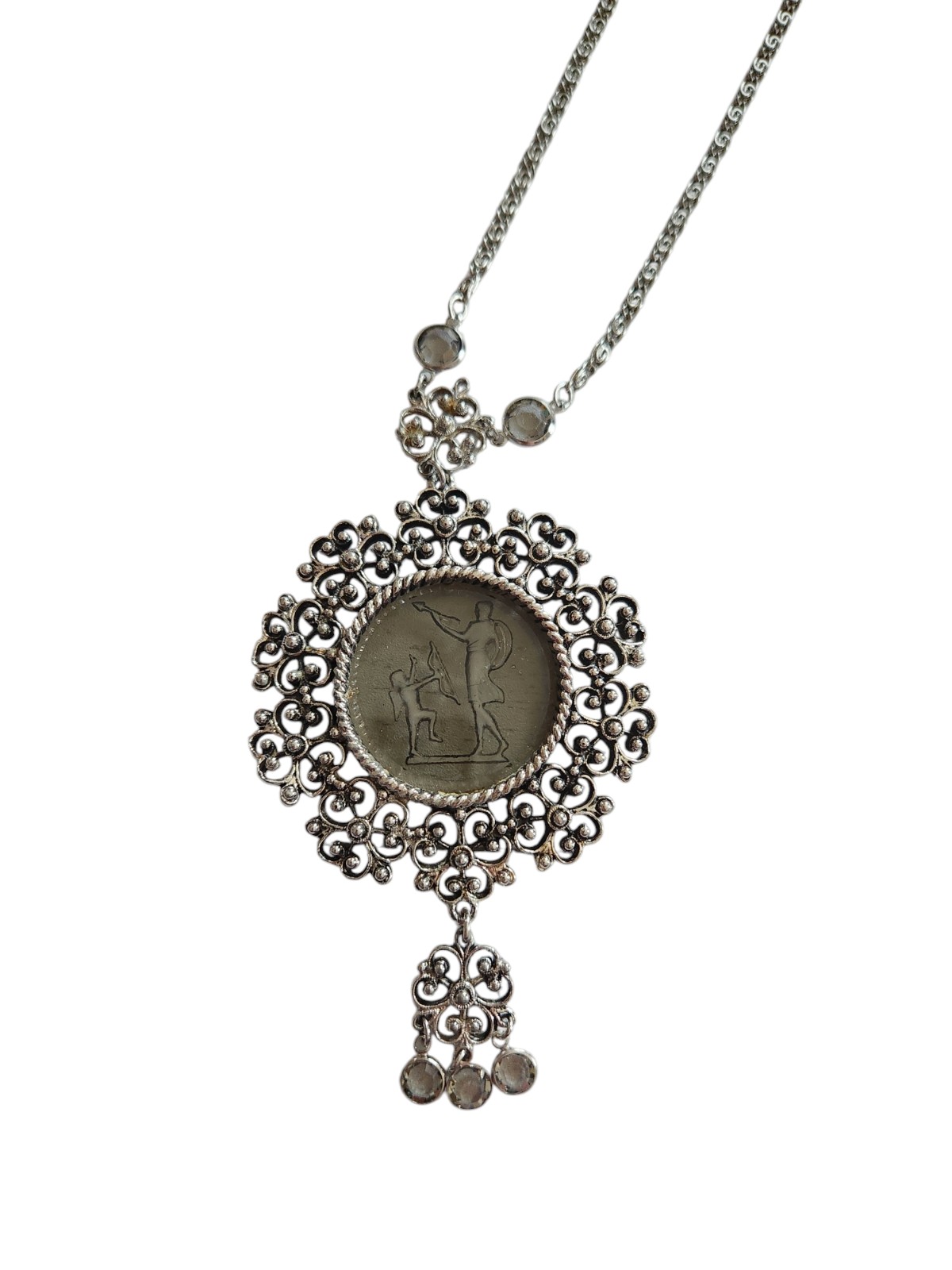 Vintage Goldette Intaglio Cameo Necklace Reverse Glass Gray Silver Tone Chain