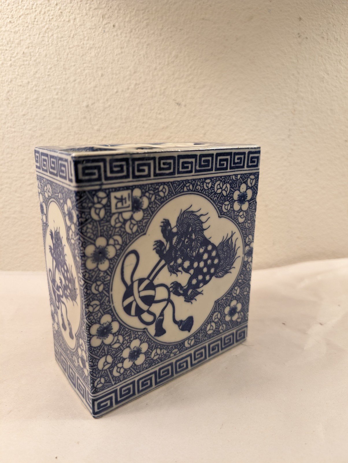 Vintage Chinese Blue & White Porcelain Pillow Foo Dog Chasing Ball