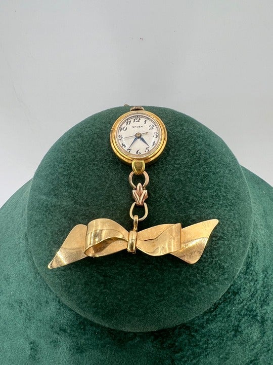 VTG 1930's Art Deco 18mm 12K Gold-Filled Guren Women's Windup Bow Brooch Watch!