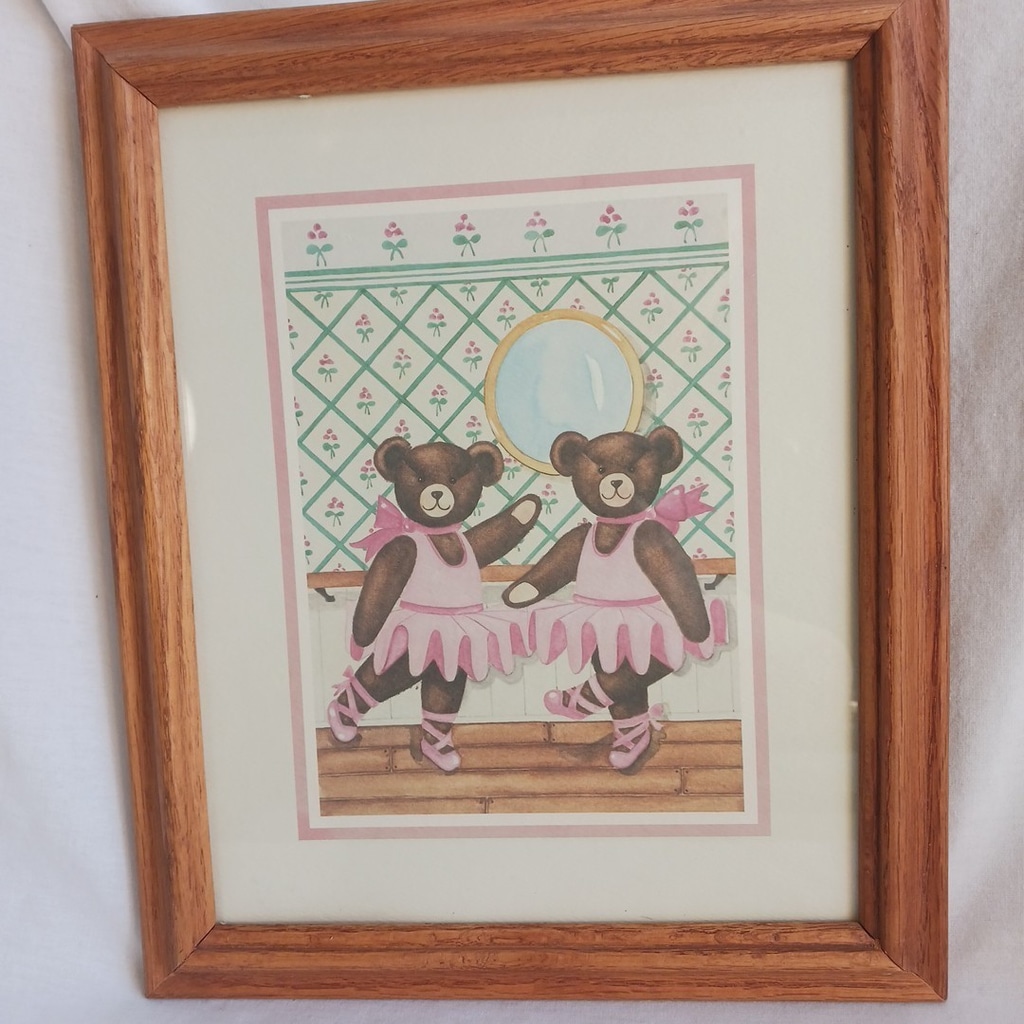 Ballerina Teddy Bears Framed Art Print Nursery Baby Vintage Wood Frame 10x12