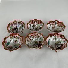 Japanese Antique China 6 Utility Bowls Tripod Geisha Floral Structure1921-1941