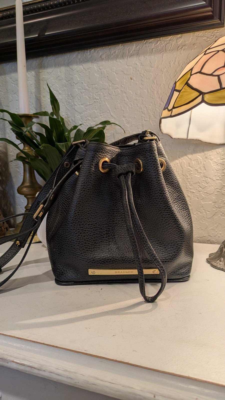 Brahmin Black Leather Bucket Bag