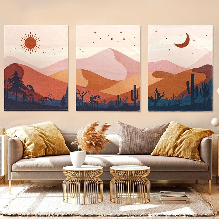 3 Pack Boho Sun Moon and Star Tapestry, Mountain Landscape Nature Wall Hang Art