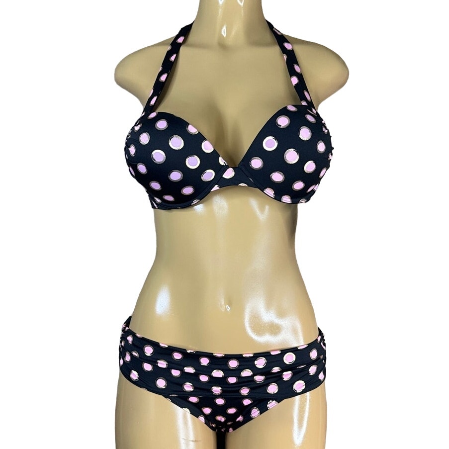 Victoria's Secret Miraculous Push Up Halter Polka Dot Bikini Top Bottoms 34C Med