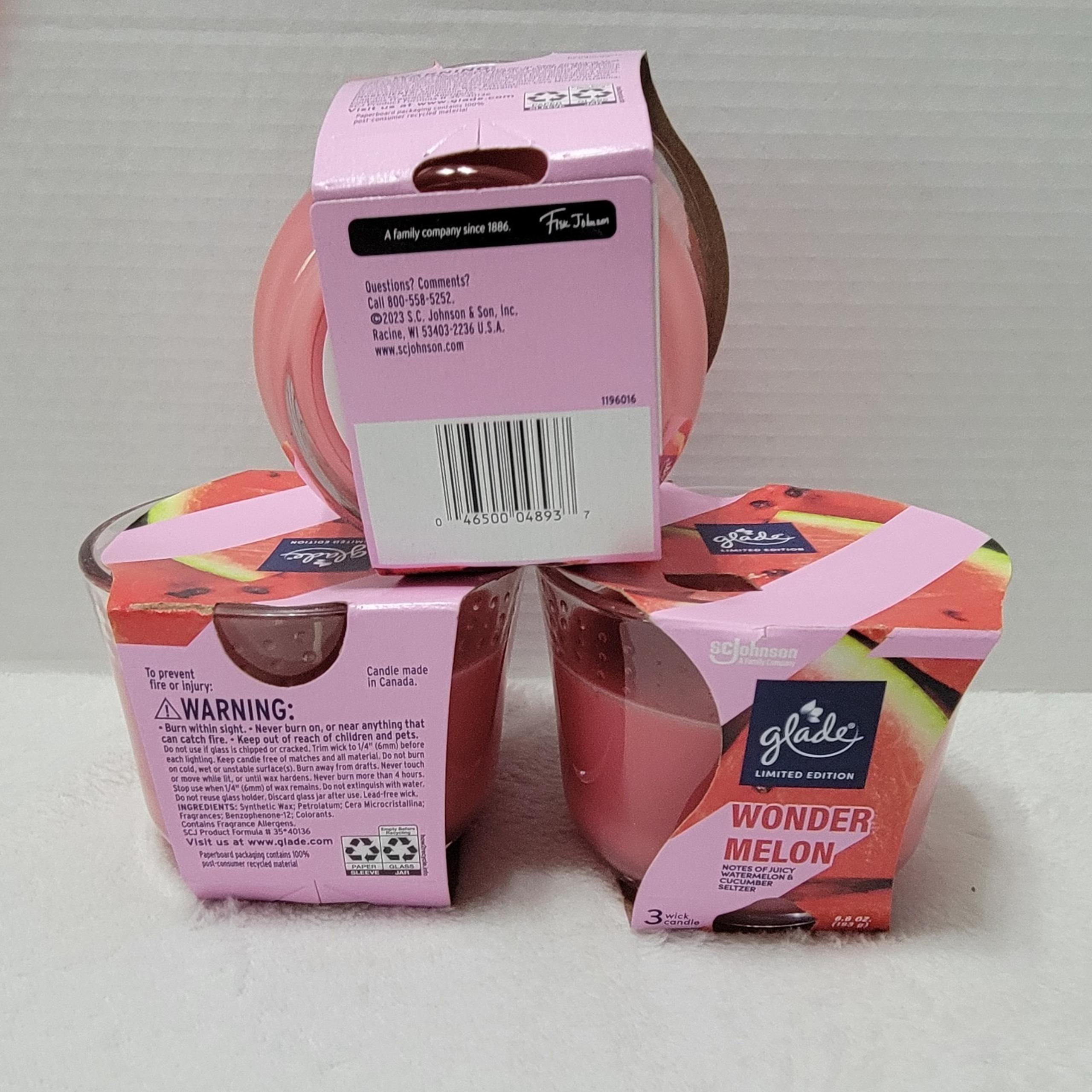 Lot Of 3 - Glade 3-Wick Scented Candles, Wonder Melon, Limited Edition. 6.8oz Ea