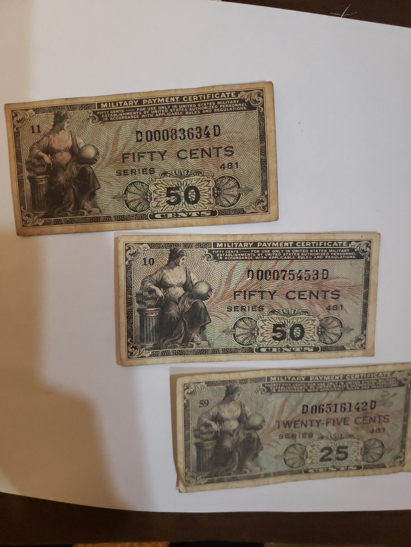 Lot of 3 military payment certificates