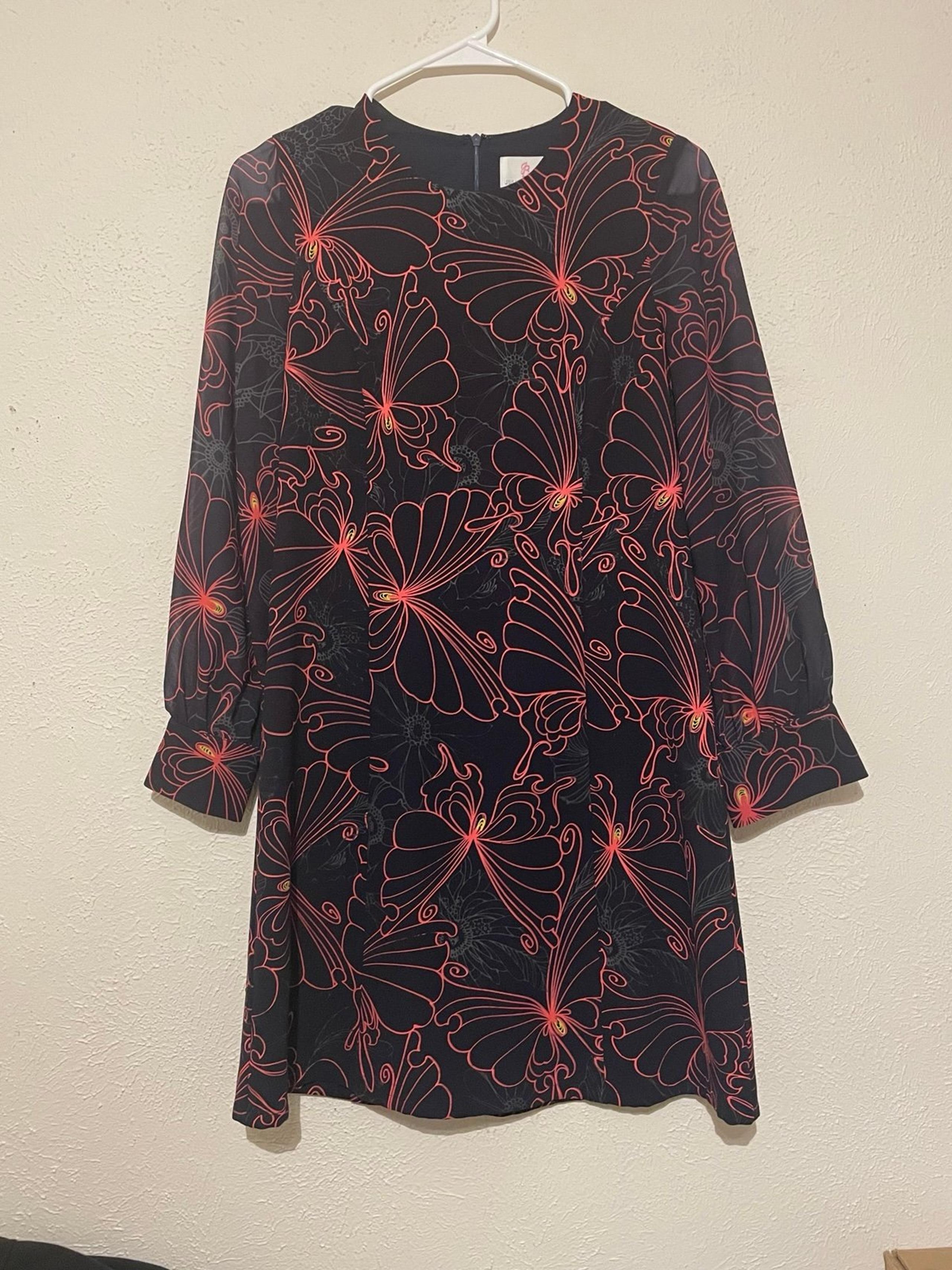 Julie Brown Navy RHAPSODY Sheer Long Sleeve Butterfly Print Dress Size 2